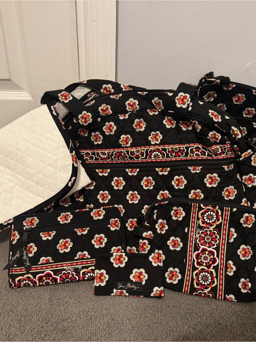 Vera Bradley Black Quilted Floral Tote with Red, White & Yellow Accents